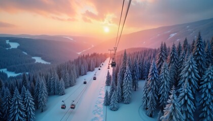 Aerial view of winter ski resort in mountains at sunset. Ski lift cars move along snowy slopes surrounded by snow covered trees. Scenic landscape shows beautiful sunrise colors. Snowy taiga forest at