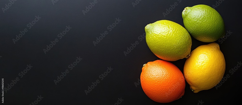 Aufkleber lime orange and lemon on a black background top view no photoshop applied copy space for text