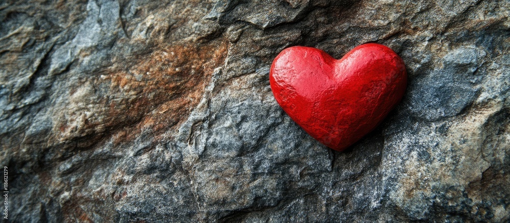 Poster Red heart symbolizing love on a rough stone surface Abstract background for Saint Valentine. with copy space image. Place for adding text or design