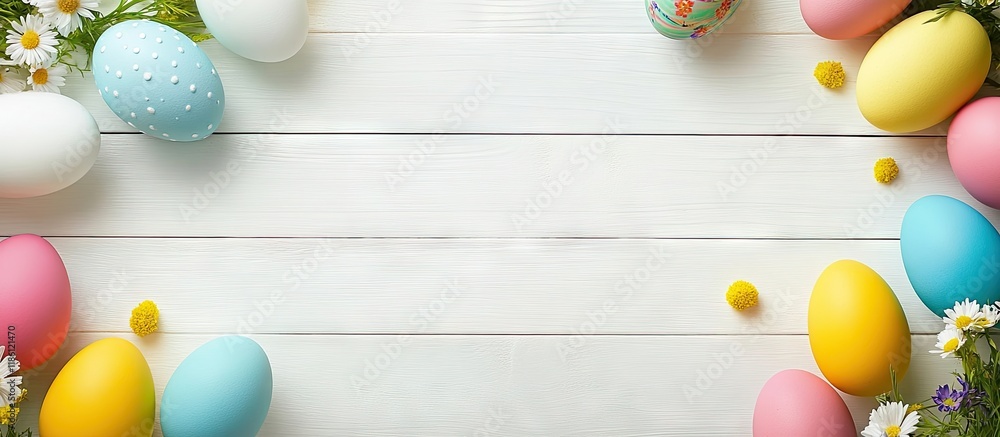Poster Easter arrangement featuring colorful eggs on a white wooden background Empty space in the center for text. with copy space image. Place for adding text or design