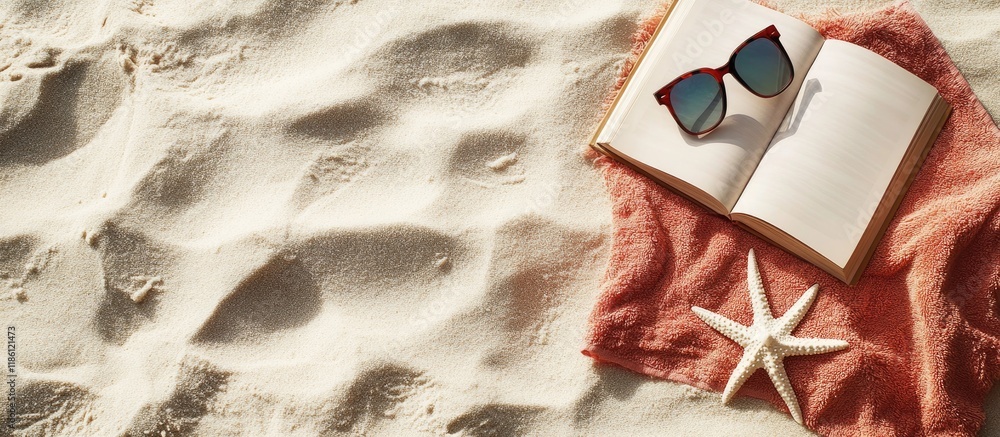 Poster Beach towel book and sunglasses on the sand viewed from above Space for text. with copy space image. Place for adding text or design