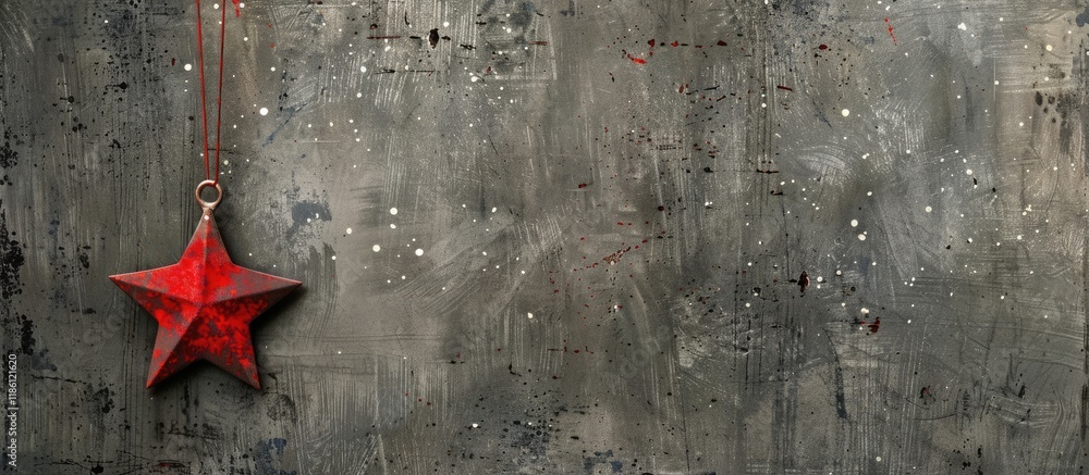 Poster grungy scratched grey wall featuring white spots and a red star shaped hanging hook serving as a tex