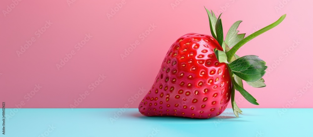 Poster bright ripe juicy strawberry set against a dual pastel pink blue background. with copy space image. 