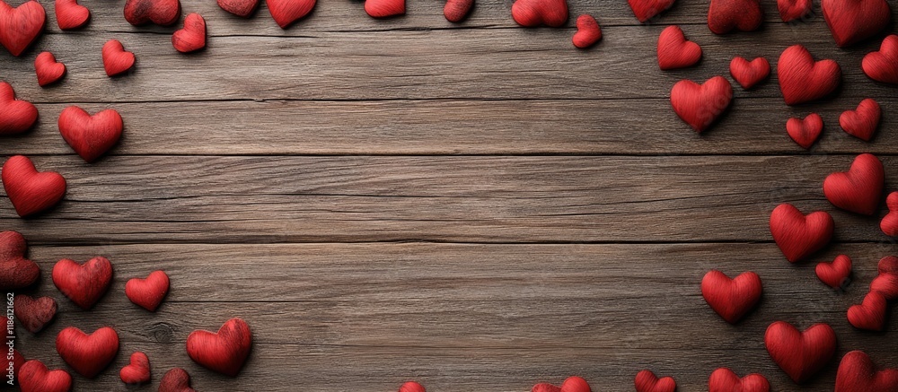 Poster Frame created from hearts on a wooden backdrop. with copy space image. Place for adding text or design