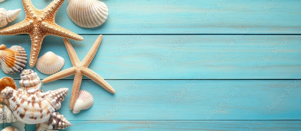 Poster summer concept flat lay arrangement featuring lovely starfish and sea shells on a blue wooden table 