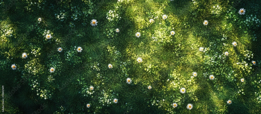 Poster daisy flowers on a green lawn in a garden field create a floral abstract background. with copy space