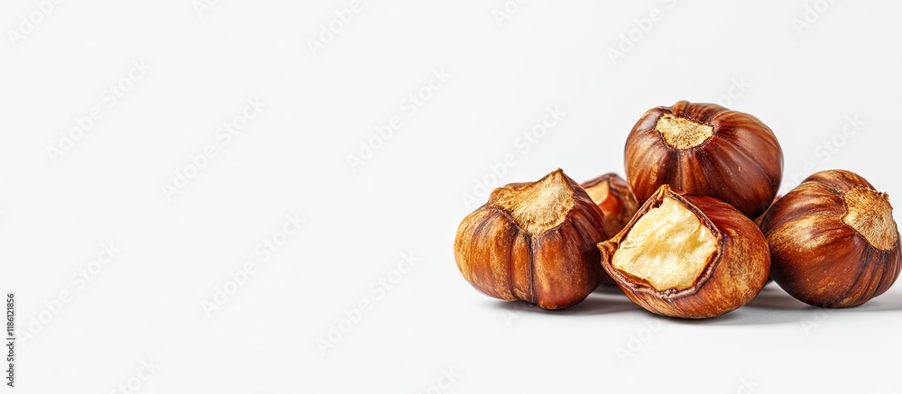 Aufkleber Cracked shell chestnuts in autumn set against a white background with room for text. with copy space image. Place for adding text or design