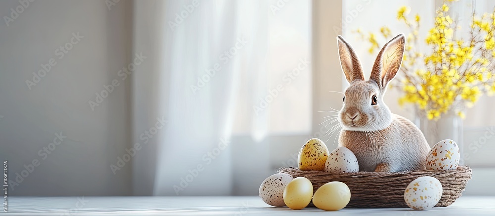 Fototapete easter decor featuring a rabbit and eggs. with copy space image. place for adding text or design