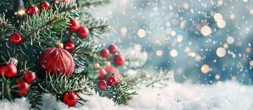 Poster green fir tree with red christmas decorations on white snow. with copy space image. place for adding