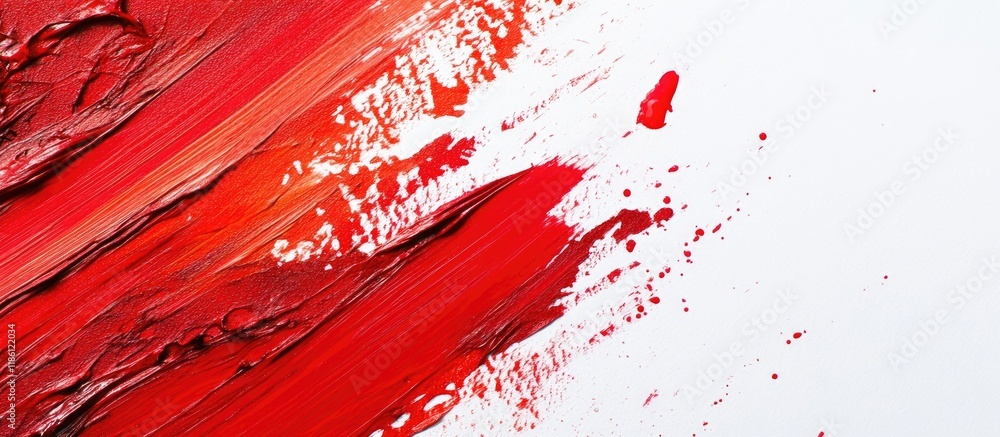 Poster Abstract red backdrop Disordered brush strokes and paint splatters on white paper creating a vivid contrasting background. with copy space image. Place for adding text or design
