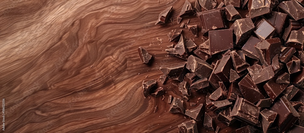 Fototapete Chopped chocolate on a wooden surface with space for text. with copy space image. Place for adding text or design