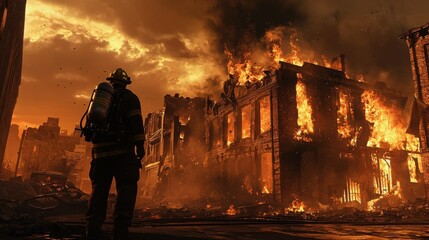 Obraz premium A firefighter stands silhouetted against the backdrop of a raging inferno, a scene of devastation and fiery destruction.