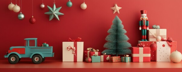 A vibrant Christmas setup featuring wrapped gifts, a miniature tree, and ornaments against a red backdrop. Includes a nutcracker and toy truck for a classic holiday
