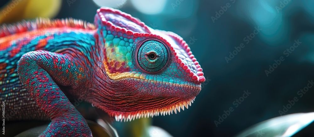 Aufkleber Close up of a vibrant colorful chameleon gazing at the camera. with copy space image. Place for adding text or design