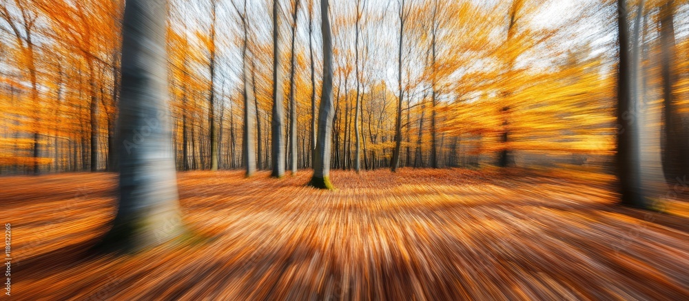Poster beech tree forest in autumn blurred by deliberate camera movement. with copy space image. place for 