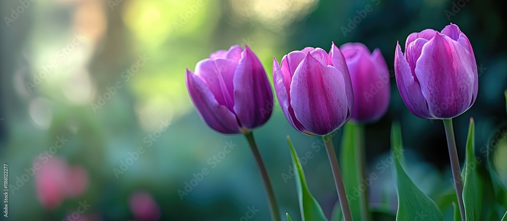Aufkleber Portrait of the purple tulips flourishing in a home garden during springtime in the Pacific Northwest. with copy space image. Place for adding text or design