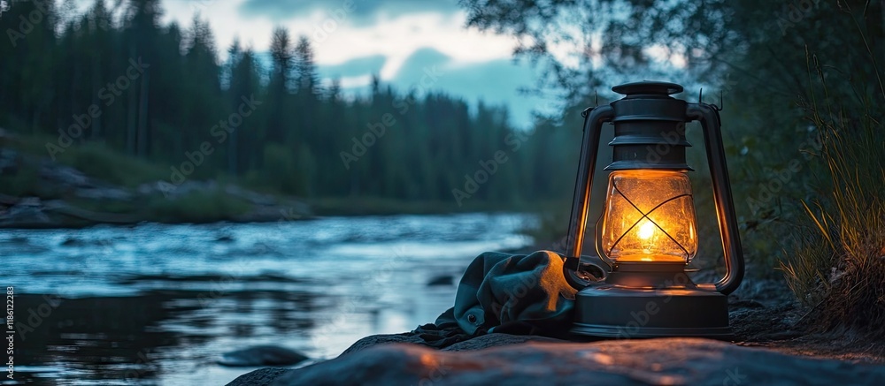 Aufkleber lamp matching on the shore of the taiga river hiking gear. with copy space image. place for adding t