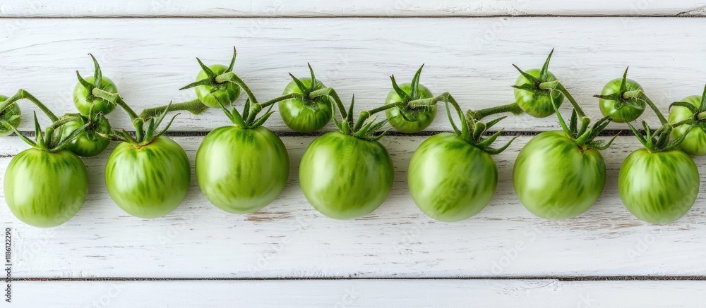 Leinwandbilder green unripe tomatoes on a white wooden surface top view. with copy space image. place for adding te
