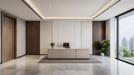 Fototapeta premium Modern office interior with desk, chair, and city view featuring minimalist design