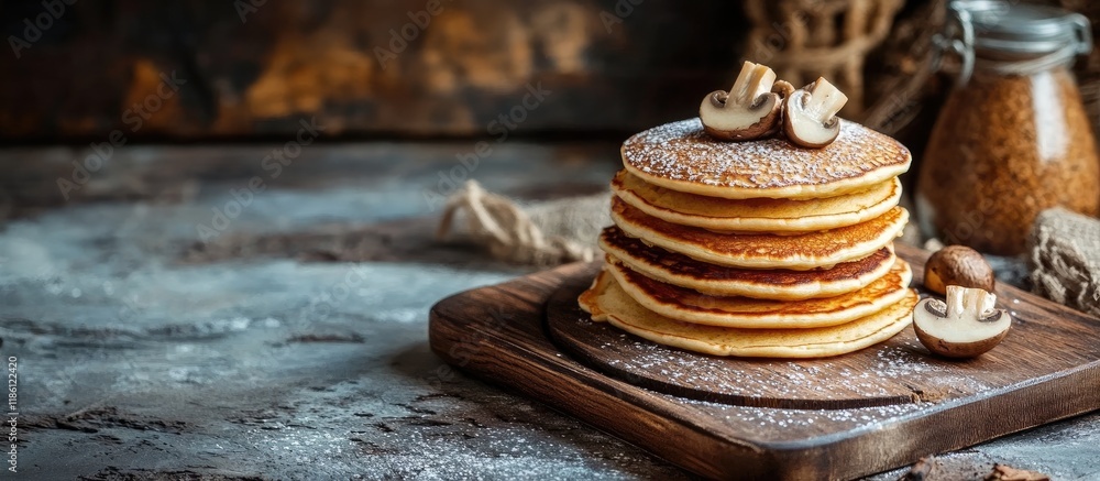 Poster pancakes with mushrooms homemade baking maslenitsa week maslenitsa. with copy space image. place for