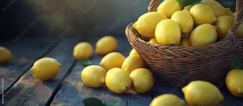 Fototapete Fresh juicy lemons scattered from a basket on a wooden surface. with copy space image. Place for adding text or design