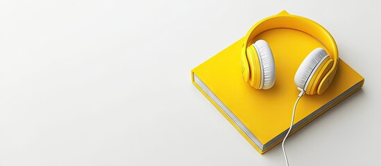 Audiobook on a white background Headphones placed on a yellow hardback book with a blank cover providing copy space for advertisement text Concept of distance education and e learning