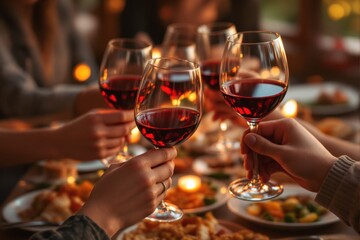 People raising red wine glasses in a toast, warm lighting, cozy atmosphere, blurred dinner table background, concept of celebration and togetherness. Ai generative