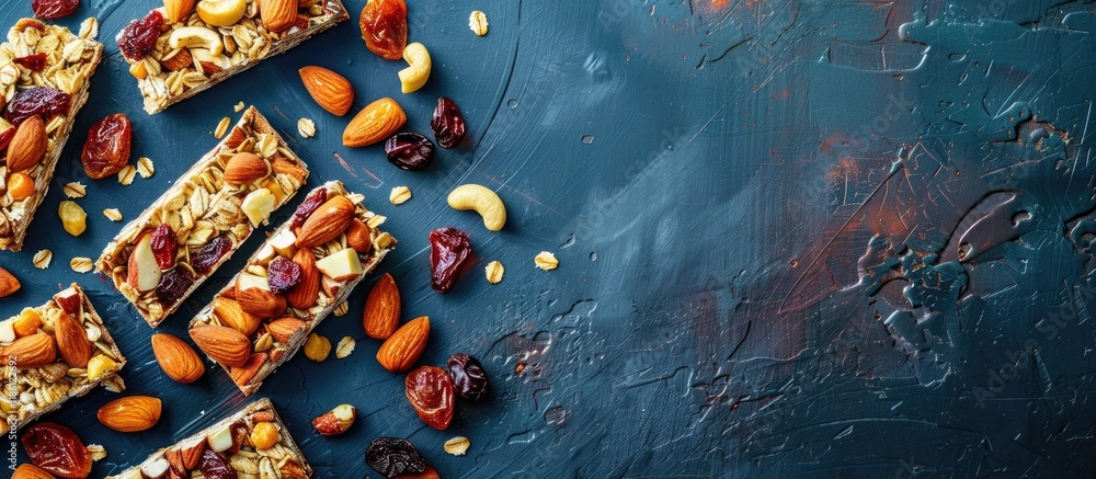Poster granola bars containing nutritious nuts and dried fruits. with copy space image. place for adding te