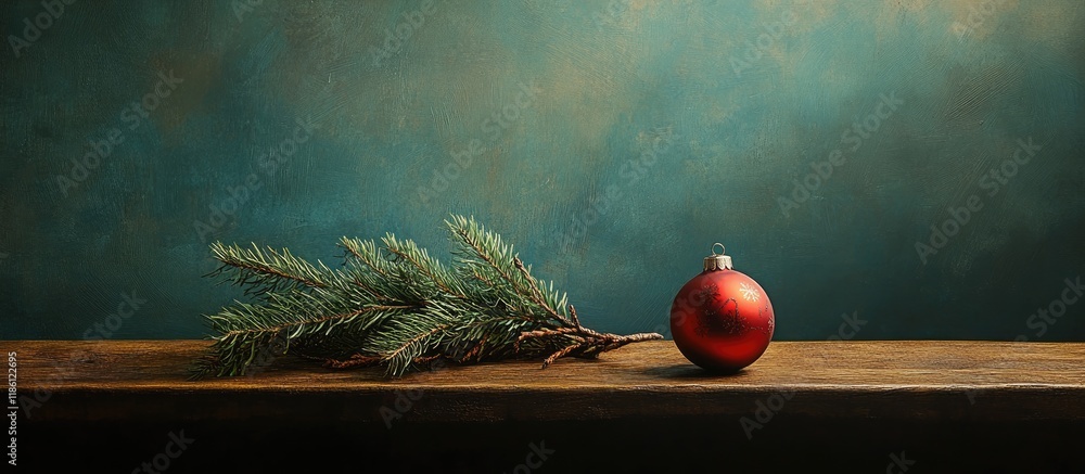 Leinwandbilder still life featuring a christmas ornament and a tree branch on a wooden board. with copy space image