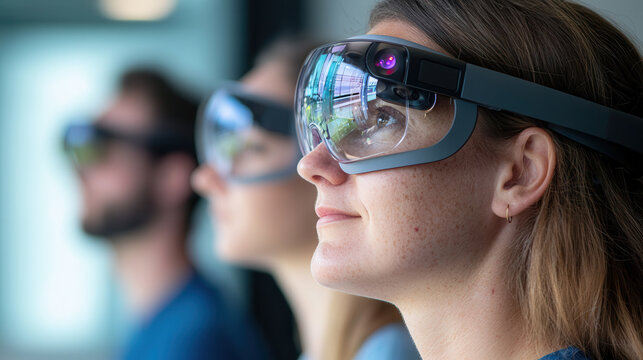 Diverse team of scientists using AR glasses for research and innovation
