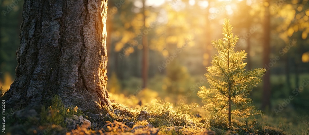 Poster a lovely tree trunk in the woods the evening sun illuminates a fir forest highlighting a small pine 