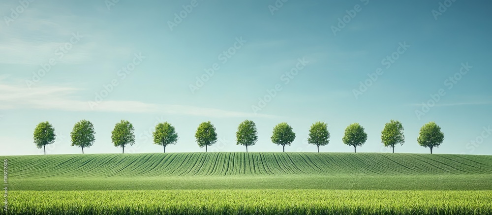 Poster Agricultural landscape featuring a row of trees on the horizon Scene of farmland during springtime. with copy space image. Place for adding text or design