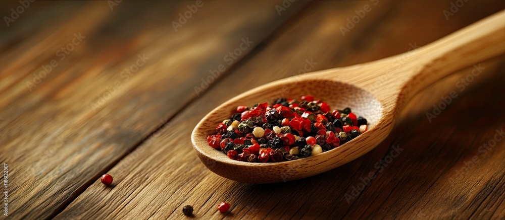 Leinwandbilder a wooden spoon containing a blend of peppers rests on a wooden table. with copy space image. place f