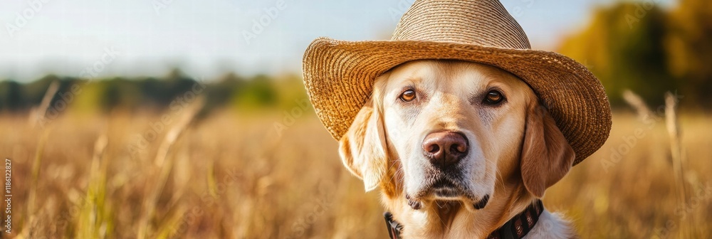 Poster dog in a straw hat enjoys a sunny day on a rustic farm with golden fields. generative ai