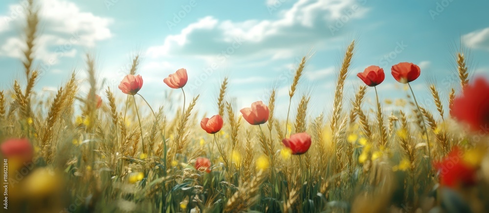 Leinwandbilder beautiful nature featuring meadow flowers and a wheat field. with copy space image. place for adding