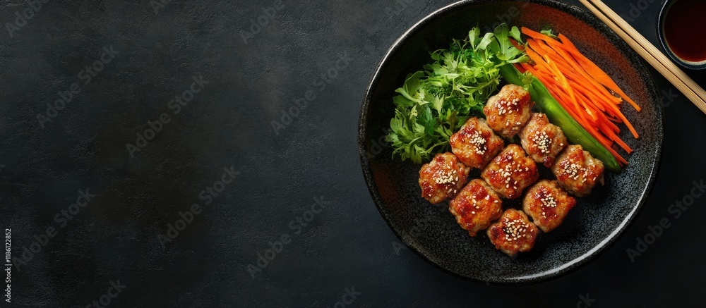 Aufkleber Japanese style pork and herbal oba patty accompanied by mixed vegetables providing a comforting meal. with copy space image. Place for adding text or design