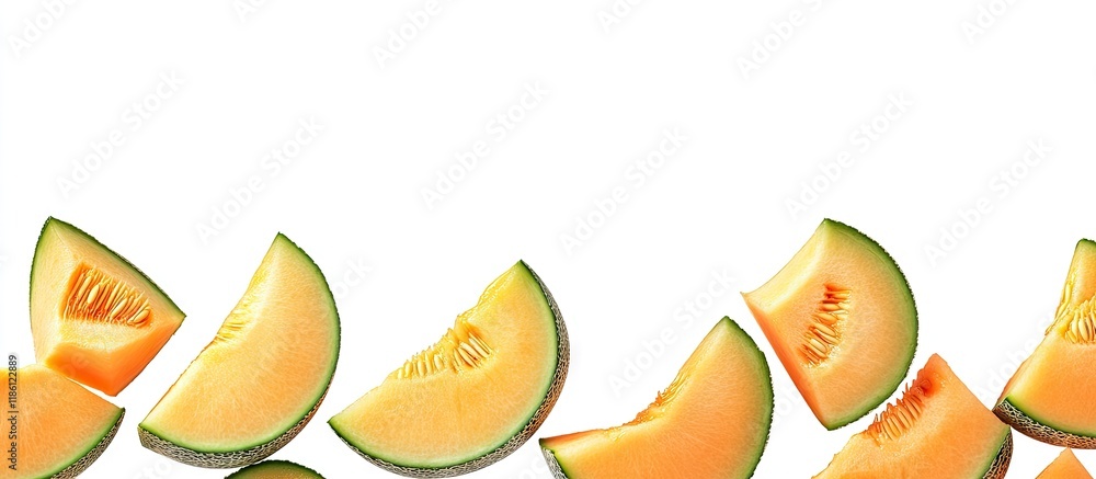Aufkleber Cantaloupe melon slices set against a white background. with copy space image. Place for adding text or design