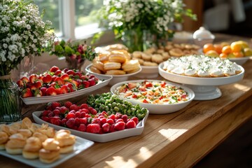 Assorted pastries and fresh fruits on a wooden kitchen counter