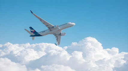 passenger plane flying through clouds in the sky, Generative AI