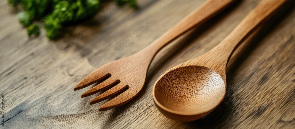 Leinwandbilder Wooden spoon and fork placed on an oak table Selective focus. with copy space image. Place for adding text or design