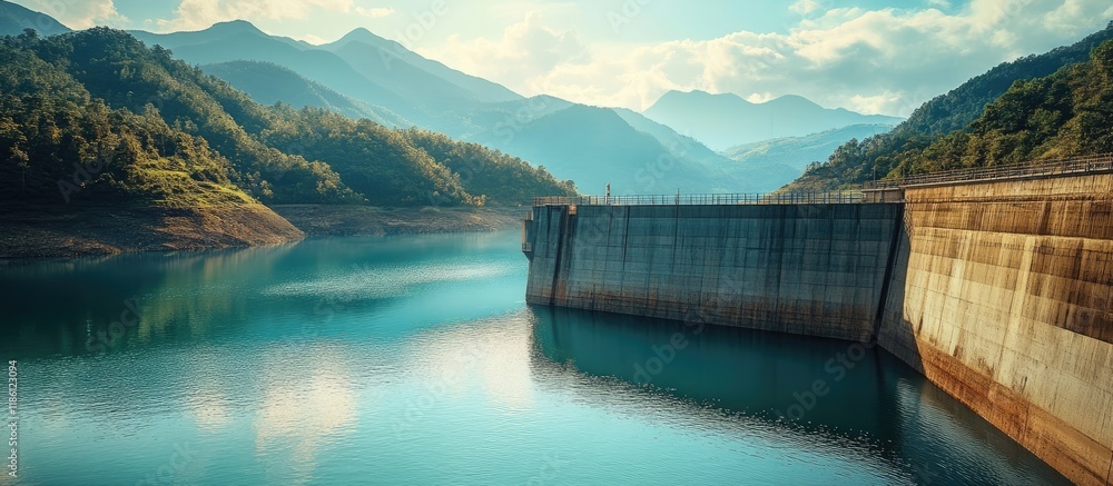 Poster Water reservoir dam retaining water with mountains in the background. with copy space image. Place for adding text or design