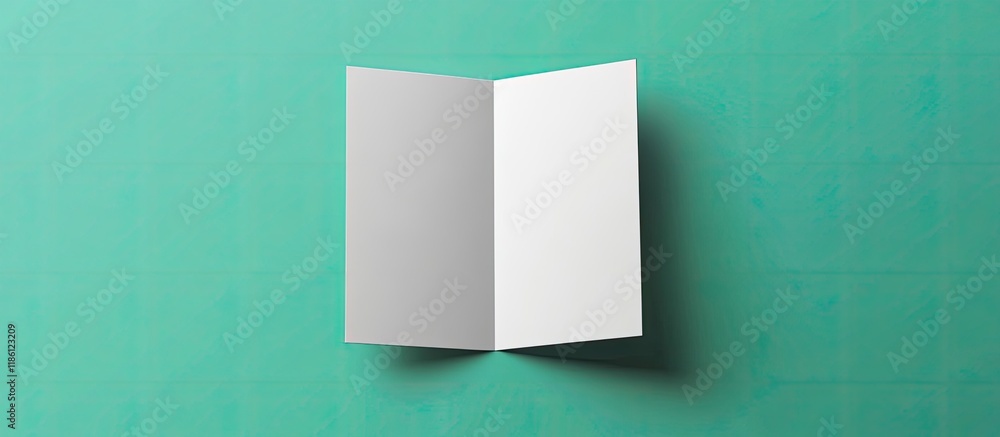 Poster Mockup of a blank white tri fold brochure on a green background. with copy space image. Place for adding text or design