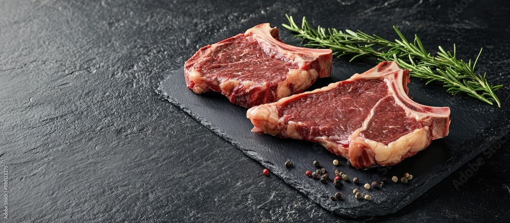Poster raw and grilled t bone steak on a stone surface. with copy space image. place for adding text or des