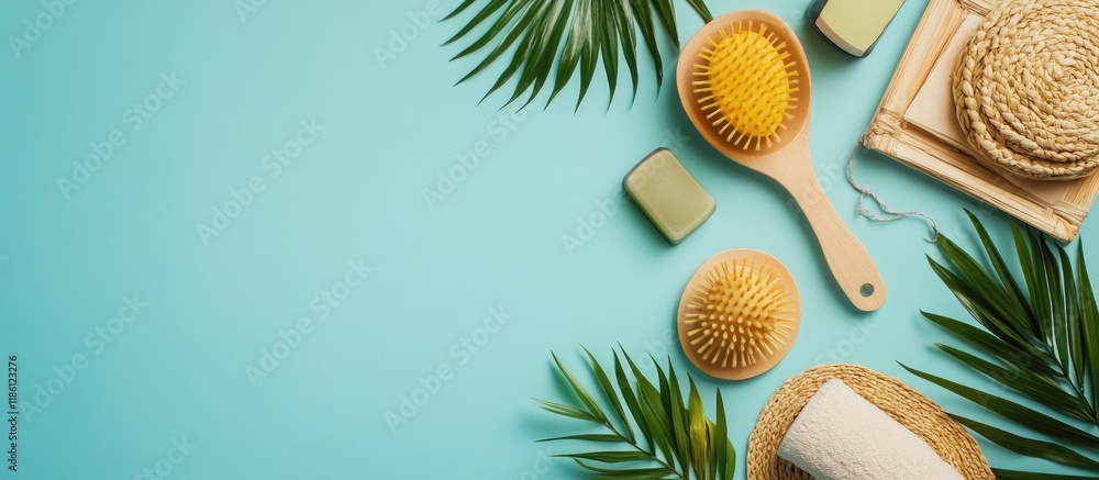 Fototapete Flat lay featuring natural biodegradable accessories on a colored background top view. with copy space image. Place for adding text or design