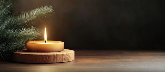 Christmas candle with a stand on a wooden board. with copy space image. Place for adding text or design