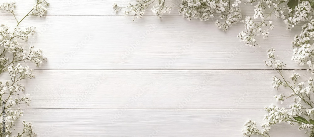 Poster top view of wedding blooms on a white wooden background. with copy space image. place for adding tex