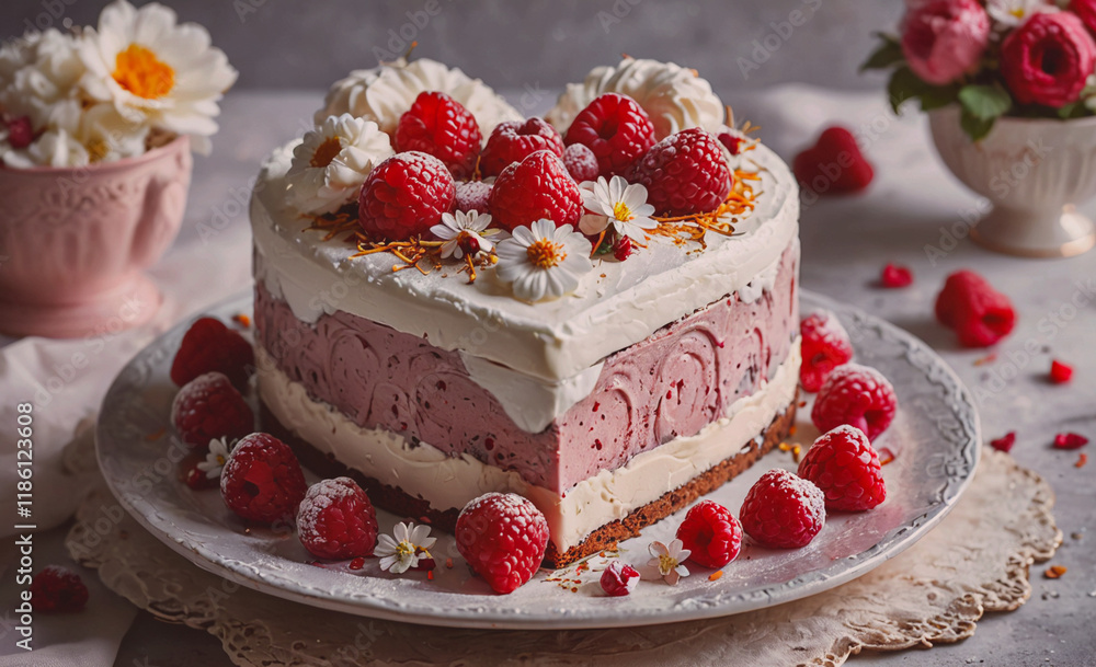 Poster delicious looking cake with a heart shape and strawberries on top. the cake is placed on a white pla