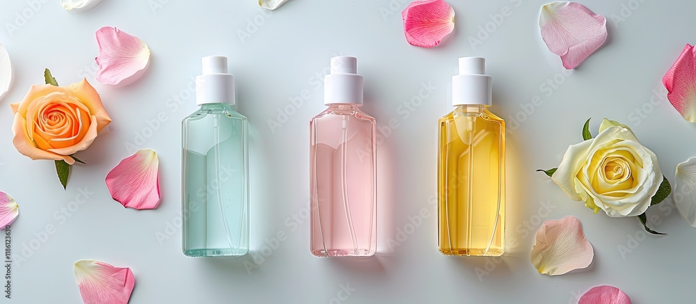 Poster mockup three transparent bottles containing various colored cosmetic oils placed on a white surface 