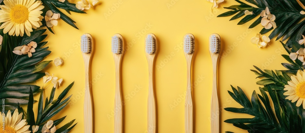 Poster Four bamboo toothbrushes on a yellow backdrop surrounded by a floral frame Eco friendly. with copy space image. Place for adding text or design