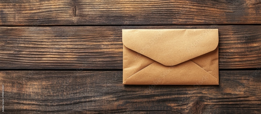 Aufkleber envelope on wooden background. with copy space image. Place for adding text or design